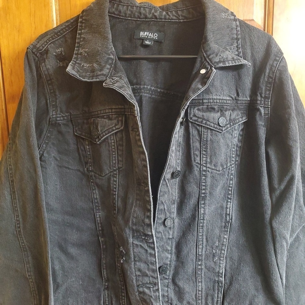 Buffalo Large Denim Jacket Womens Black Distressed Trucker Jean Coat Casual SEO